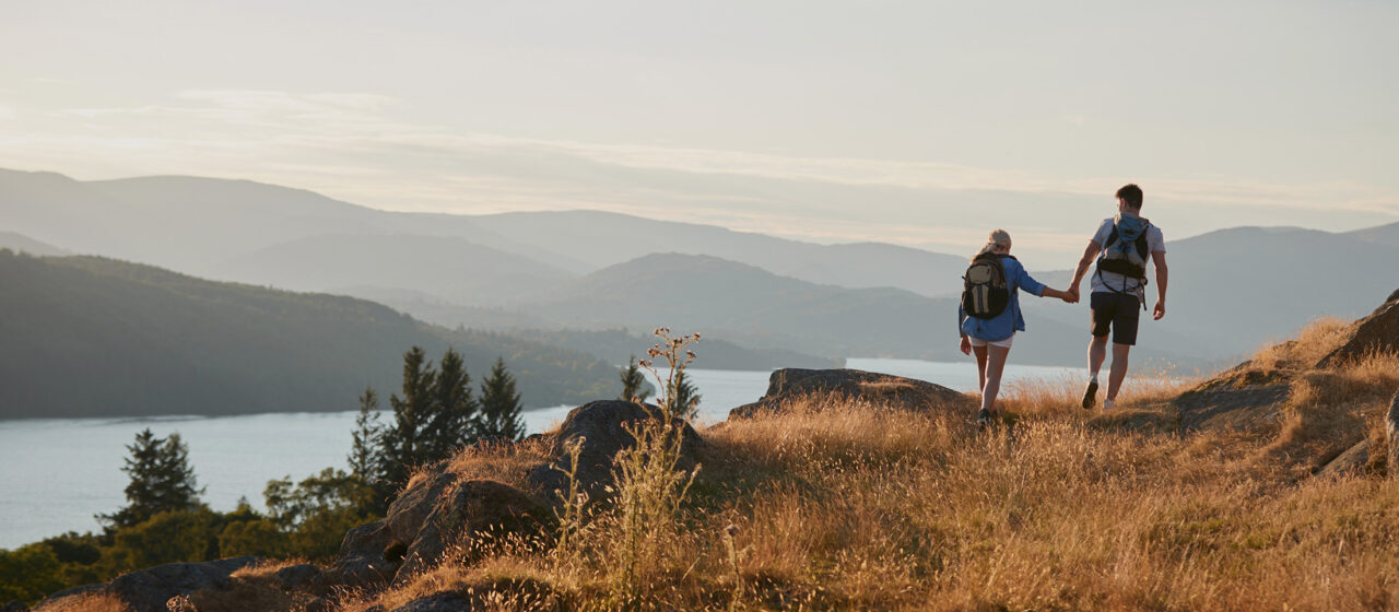 Couple hiking with amazing view